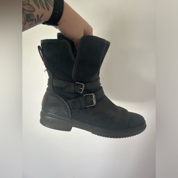 UGG Shoes - UGG Simmens Waterproof Leather Boots Black Buckle Belted Biker Moto
